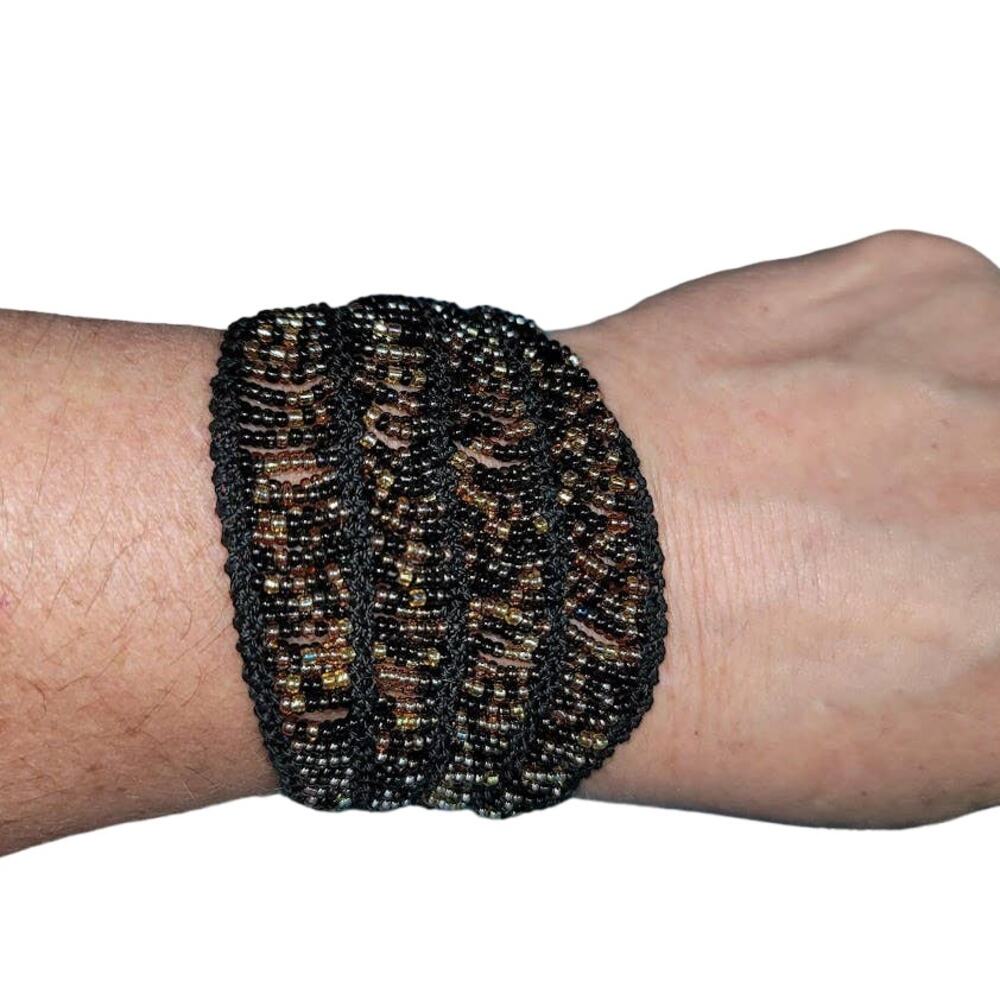 Iridescent Black Glass BeadS Cuff Bracelet Button Loop 7" Wrap cROCHET DECO